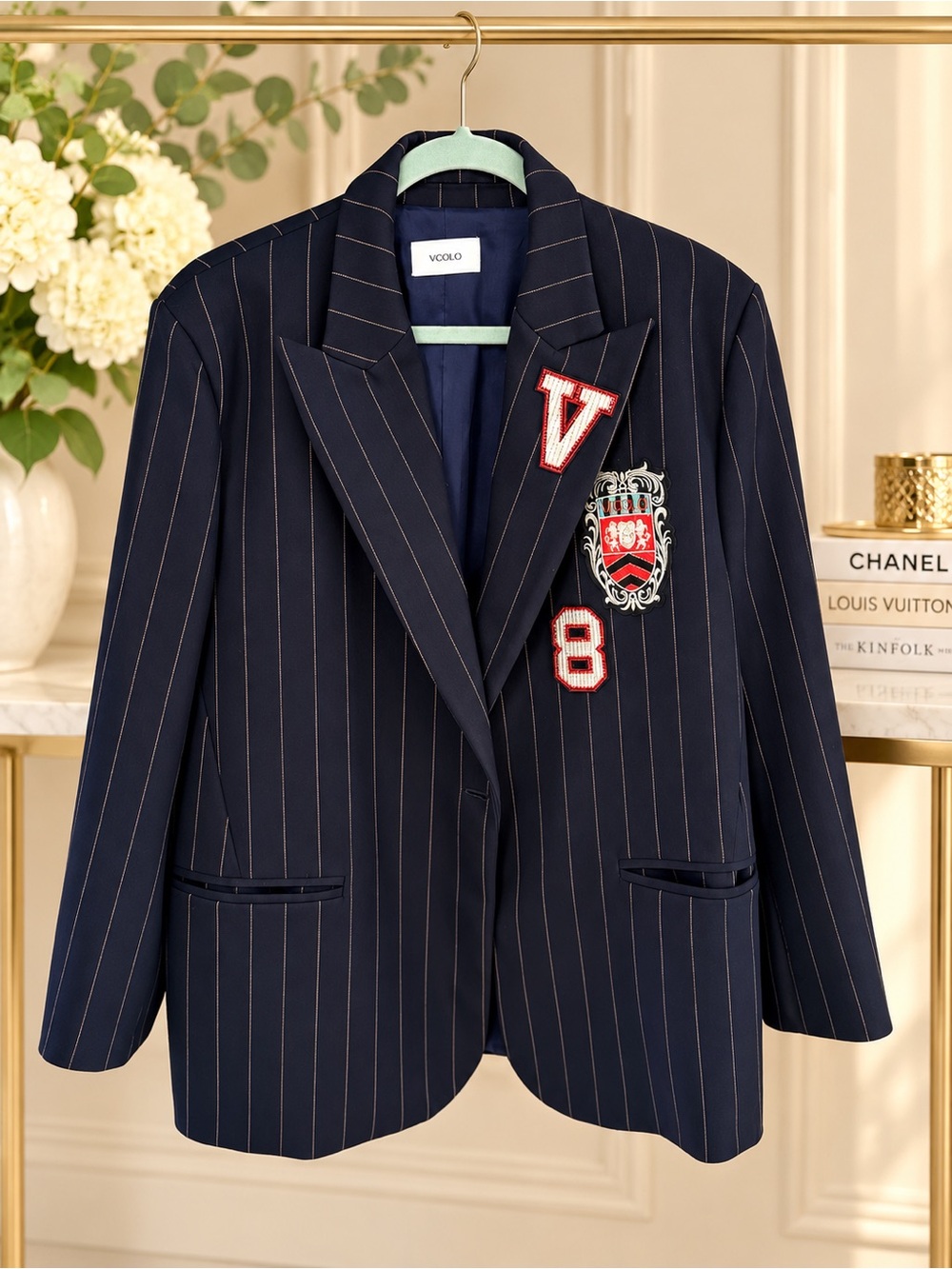 Navy Pinstripe Embroidered Crest Blazer size M